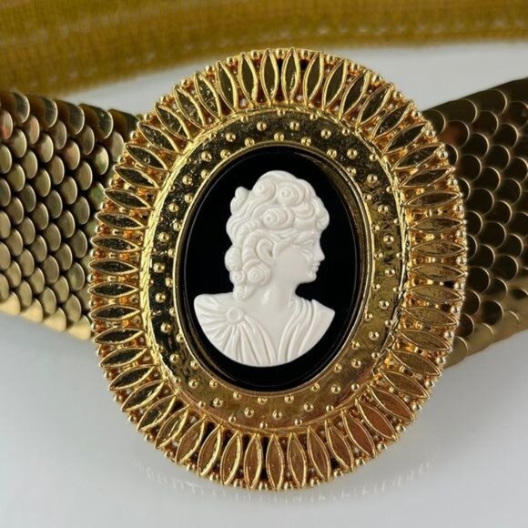 Vintage Cameo Scaled Shaping Belt Stretch Black Gold Tone main image 7